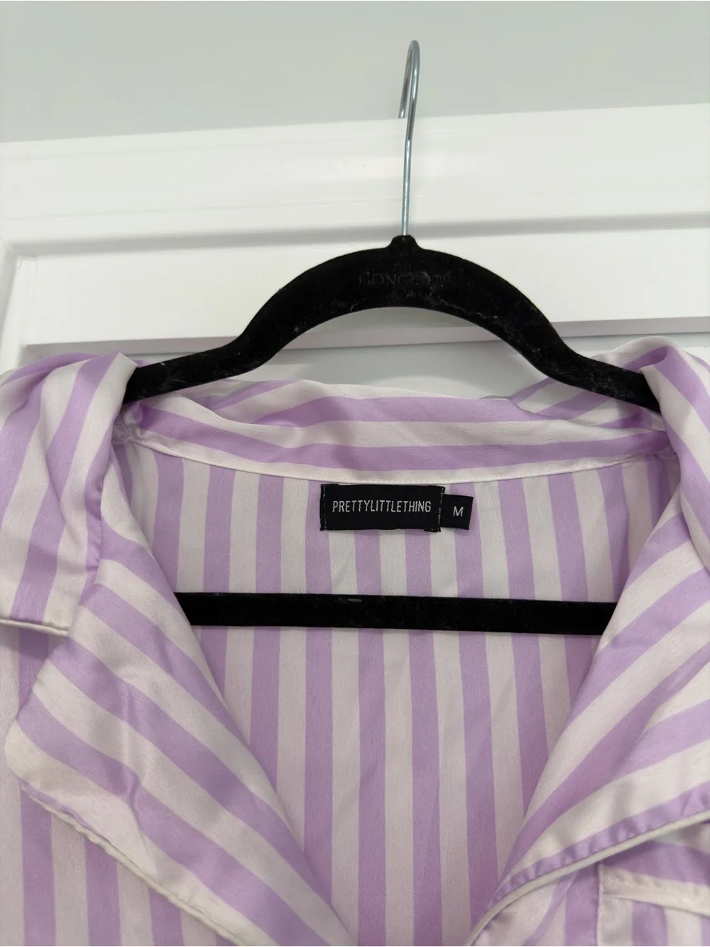PrettyLittleThing Lavender and White Striped Satin Short Pajama Set